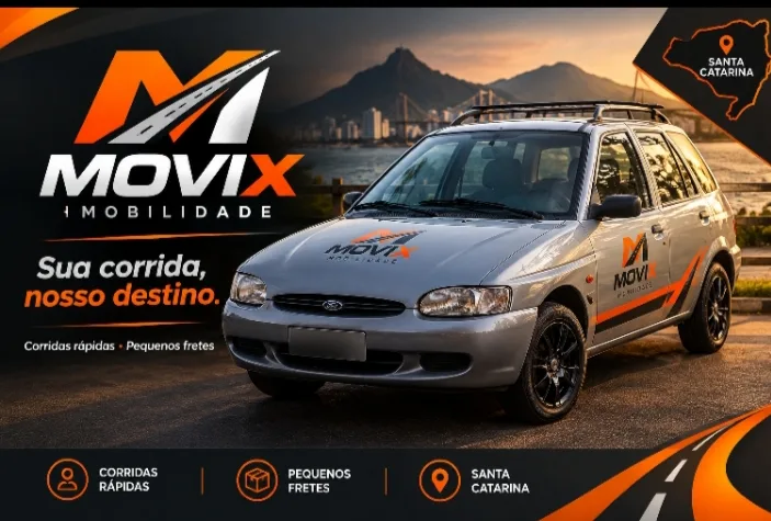 Arte da Movix Mobilidade: a perua prata com o adesivo da marca, a cidade ao entardecer e a frase Sua corrida, nosso destino.